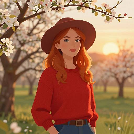 Digital illustration of a red-haired woman with fair skin, wearing a brown hat and red sweater, standing in a sunlit orchard with blooming white