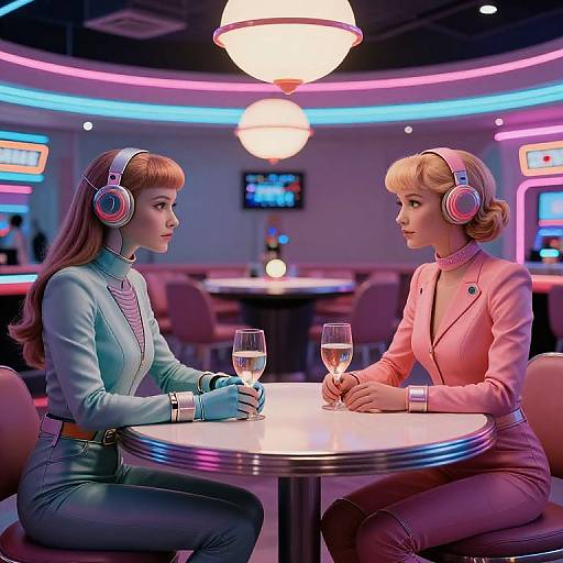 Digital art of two women in 1950s-style outfits with headphones, sitting at a neon-lit bar table, holding champagne glasses.