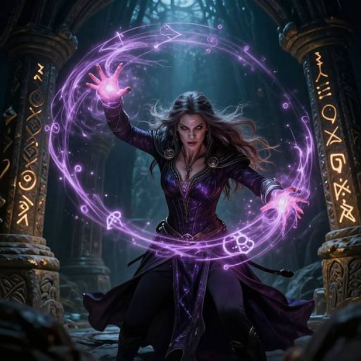 Digital artwork of a fierce, long-haired woman in dark, ornate clothing, casting a glowing purple magic circle in a dimly lit, ancient stone