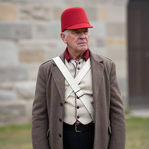 Photograph of an elderly white man with gray hair wearing a red cap, brown jacket, white vest, and black pants, standing in front of a