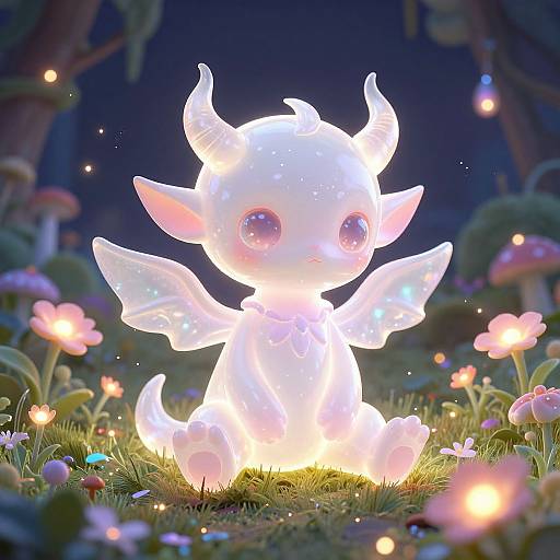 Glowing, adorable, white, horned, winged creature with large eyes sits in enchanted forest, surrounded by colorful, luminescent flowers