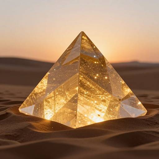 Photograph of a glowing, transparent crystal pyramid on a sandy desert at sunset, with golden light reflecting through its facets.