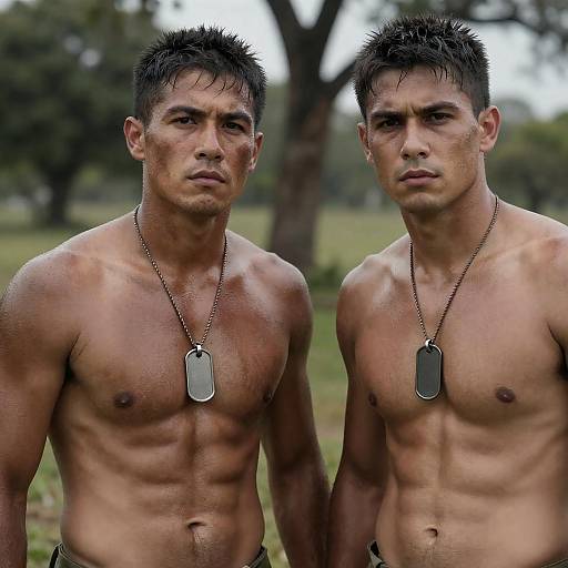 Two Shirtless Men with Dog Tags Outdoors