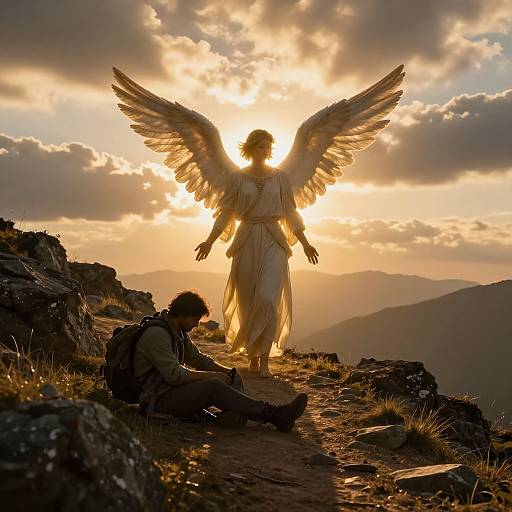 Photograph of a silhouetted angel with large wings standing in a rocky mountain landscape at sunset, with a hiker sitting in foreground. Golden