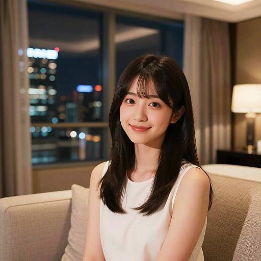 Smiling Japanese Woman in Luxurious Suite