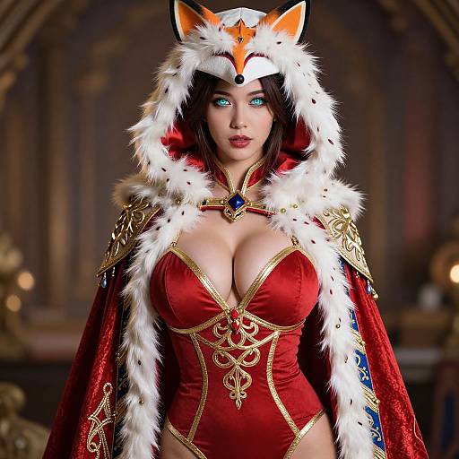 Photorealistic digital art of a fair-skinned woman with bright blue eyes, wearing a red velvet corset, white fox fur hood, and cape