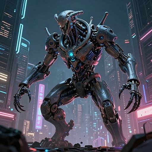 Cybernetic monster with glowing blue eyes and sharp claws stands in a neon-lit, futuristic cityscape, towering over illuminated skyscrapers.