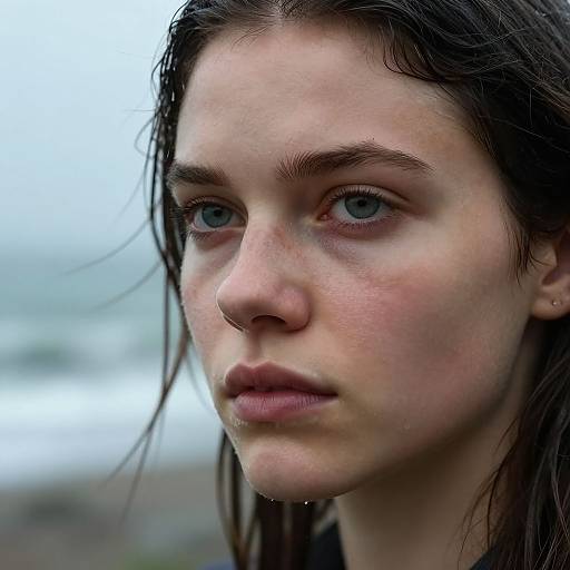 Close-up photograph of a young woman with fair skin, blue eyes, and wet, dark brown hair. She has a serious expression against a blurred,