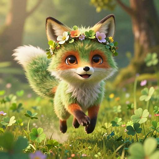 Cute Green Fox with Flower Crown in Shamrock Field