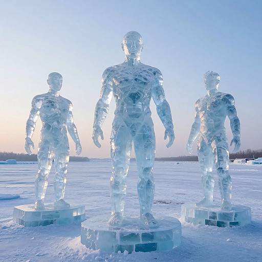 Photograph of three translucent, ice-sculpted human figures standing on icy platforms at sunset, glowing brightly against a cold, frozen landscape.