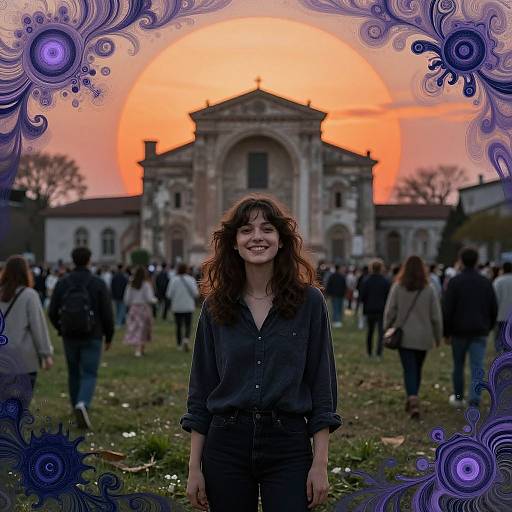 Photograph of a smiling woman with wavy brown hair in a black button-up shirt, standing in front of a sunset-lit historic building, surrounded