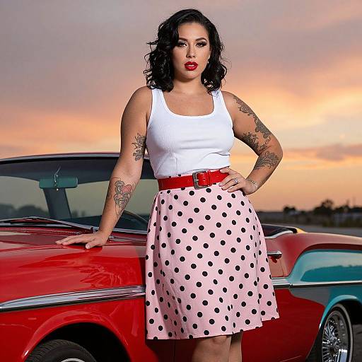 Photograph of a curvy, tattooed woman with black curly hair, red lipstick, white tank top, pink polka dot skirt, red belt