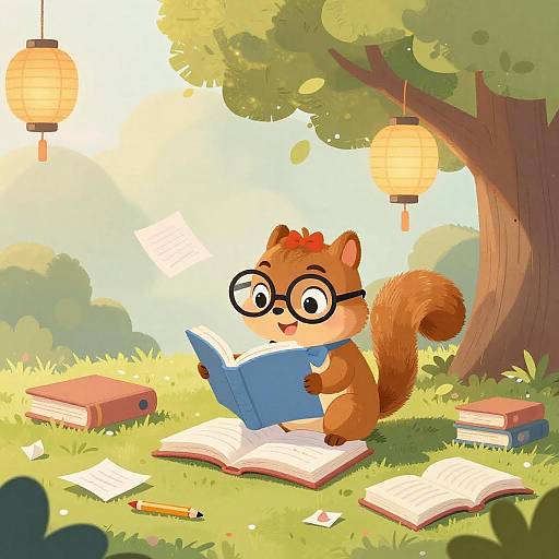 Cute cartoon squirrel with glasses reads a blue book under a sunny tree, surrounded by scattered books and pencils.