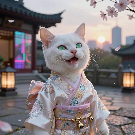 Bioluminescent Kitten in Neon Courtyard