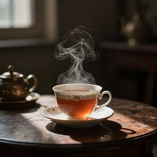 Photograph of a steaming teacup with orange tea on a dark wooden table, illuminated by sunlight, with a blurred teapot in the background