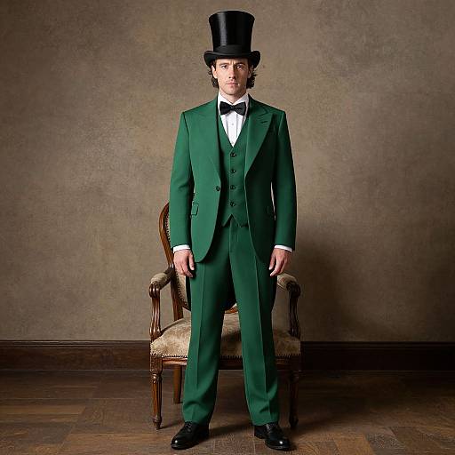 Photograph of a man in a green Victorian-style suit, black top hat, and bow tie, standing in front of an ornate wooden chair against