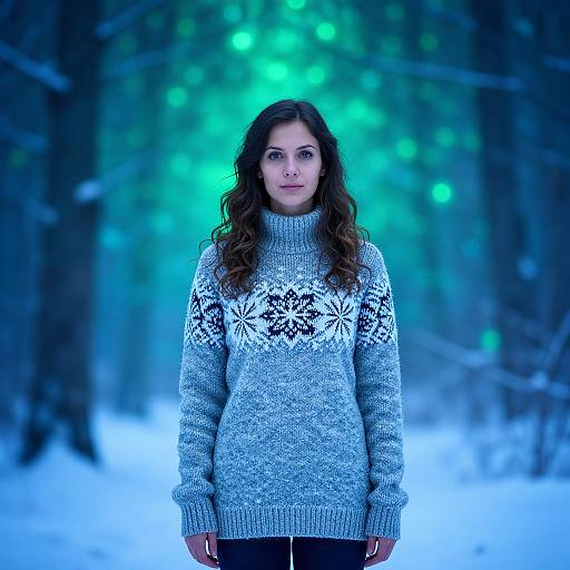 Photograph of a young woman with long brown hair, wearing a light blue knit sweater with snowflake patterns, standing in a snowy forest with a green