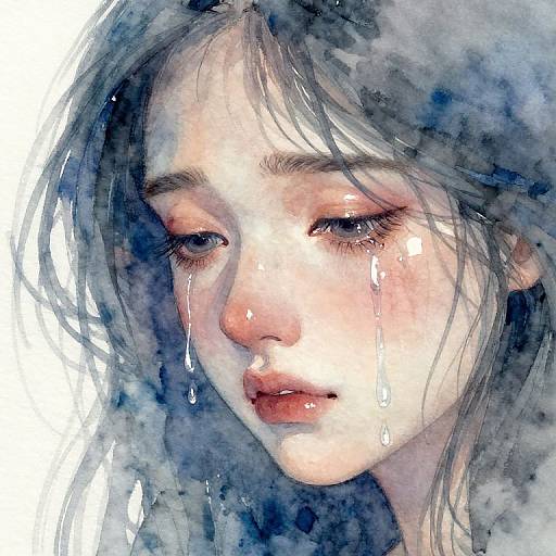 Watercolor painting of a sad, tearful young woman with pale skin, blue-gray eyes, and long, damp, dark hair, gazing downward