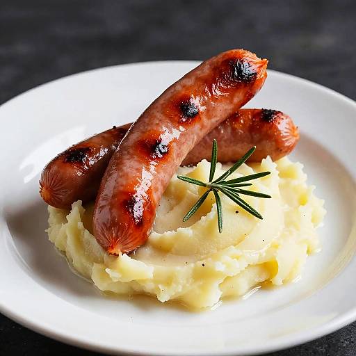 Photograph of three grilled sausages with char marks, resting on a mound of creamy mashed potatoes, garnished with a sprig of rosemary