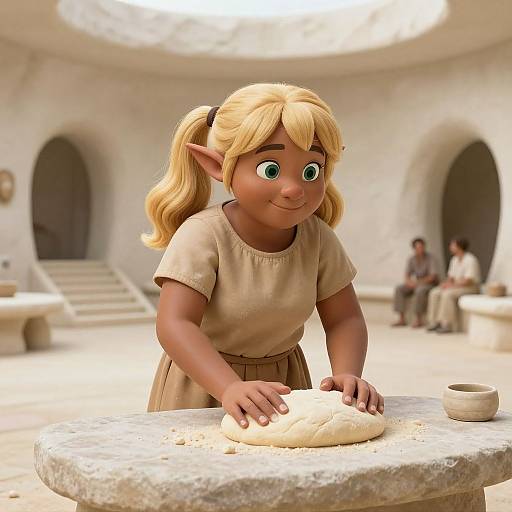 CGI image of a cute, blonde, elven girl with green eyes, wearing a beige tunic, rolling dough on a stone table in a