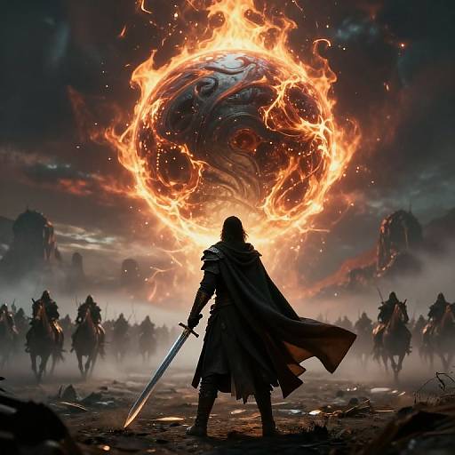 Epic fantasy battle: silhouetted warrior with sword faces giant, fiery, swirling orb; dark, misty army in background. Dynamic,
