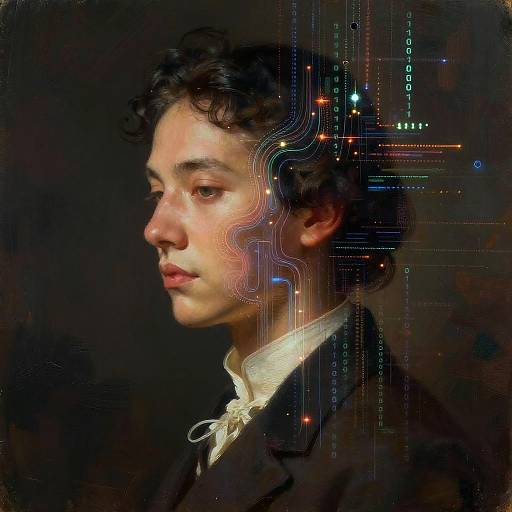 Digital artwork of a young man with curly hair, side profile, wearing a white shirt and black coat, overlaid with neon circuitry lines against a
