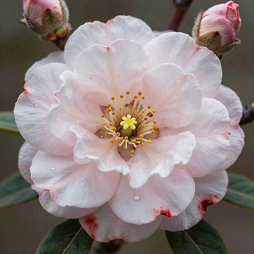 Close-up photograph of a delicate white cherry blossom with pink-tipped petals, yellow stamens, and water droplets, surrounded by unopened buds