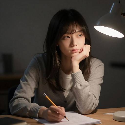 Thoughtful Young Woman Writing by Desk Lamp