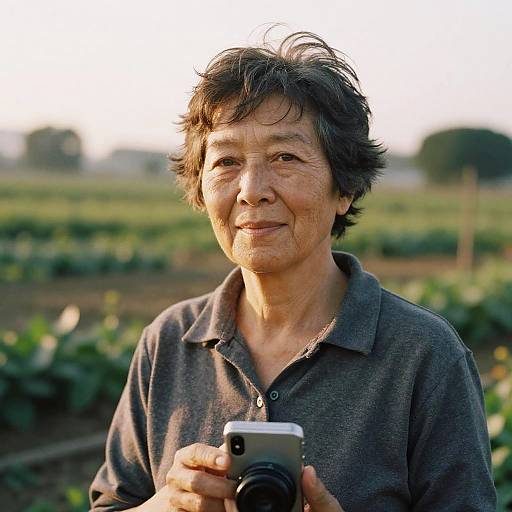 Photograph of an elderly Asian man with short, messy black hair, wearing a gray polo shirt, holding a camera in a sunlit, green agricultural