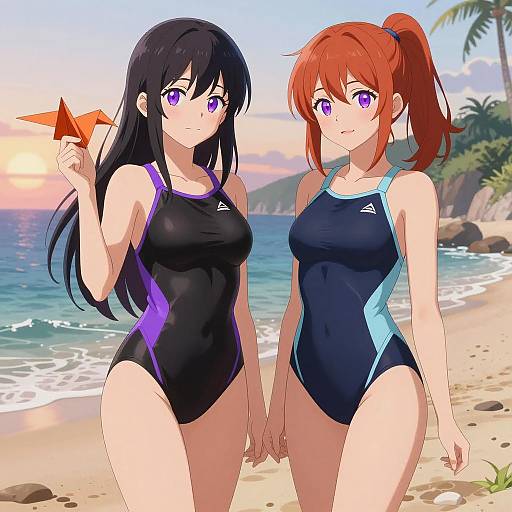 Anime Girls in Glossy Swimsuits on Beach at Sunset
