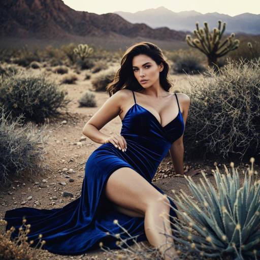 Glamorous Woman in Blue Velvet Dress in Desert