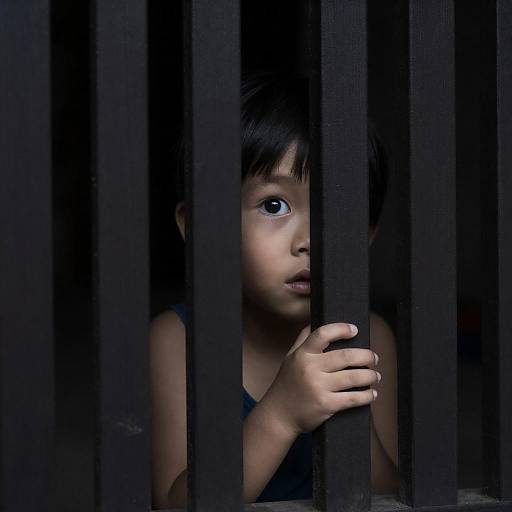 Child Peering Through Dark Wooden Slats