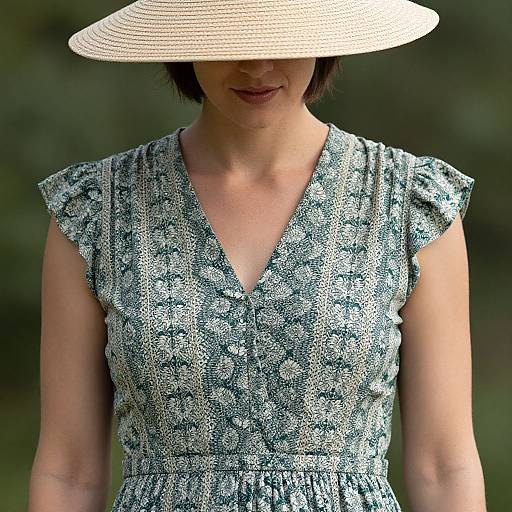 Photograph of a woman in a white sunhat, wearing a sleeveless, patterned blue and white dress, standing outdoors with a blurred green background