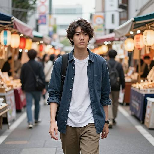 Photograph of a young Asian man with curly hair, wearing a denim shirt and white t-shirt, walking down a bustling outdoor market street at dusk.