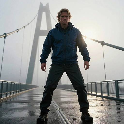 Photograph: Silhouetted man in dark rain jacket and pants stands on foggy, wet bridge with tall suspension cables in background. Sun behind