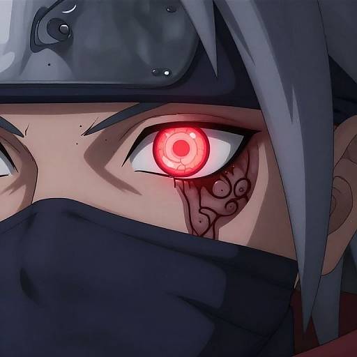 Digital anime-style close-up of a ninja's face with glowing red eye, blood trickling from the left eye, black mask, and headband.