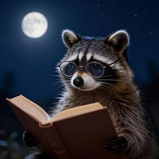 Photorealistic CGI of a raccoon wearing round glasses, reading a book under a bright full moon in a dark, starry night.
