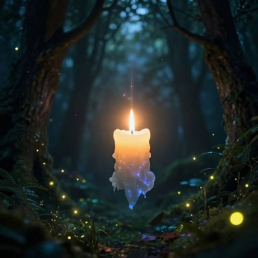 Photograph of a glowing candle hanging in a dark, enchanted forest, surrounded by twinkling fireflies, with blue and orange light.