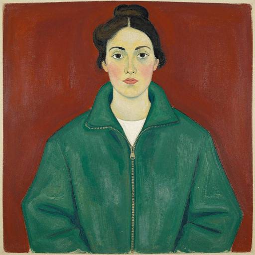 Expressionist painting of a woman with fair skin, black hair in a bun, green jacket, and red background, by Pablo Picasso.