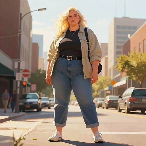 Photograph of a blonde woman with curly hair, wearing a beige jacket, black top, high-waisted blue jeans, and white sneakers, standing