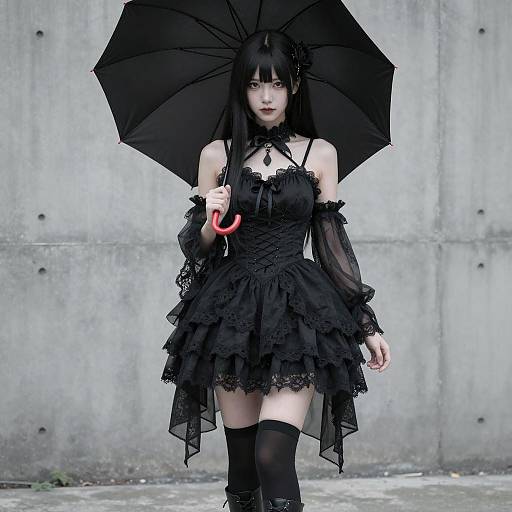 Asian Woman in Black Gothic Dress Holding Parasol