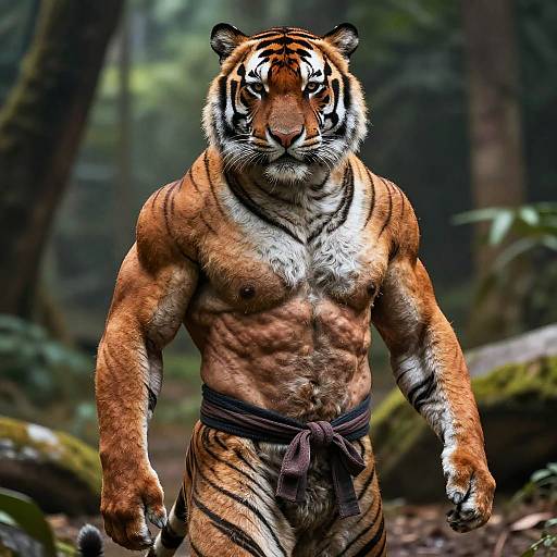 Photorealistic CGI of a muscular anthropomorphic tiger with orange and black fur, wearing a brown sash, standing in a dense forest.