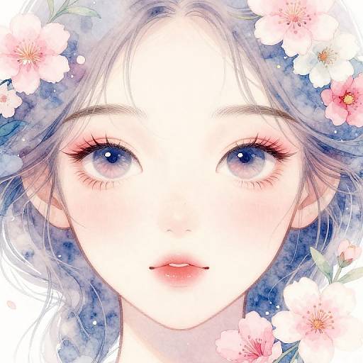 Digital anime-style portrait of a fair-skinned, blue-eyed girl with soft, wavy purple hair, surrounded by pink cherry blossoms and blue water