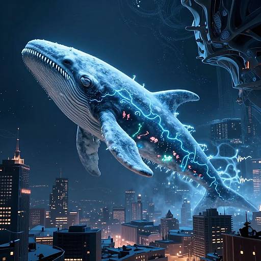 Digital artwork of a glowing, electric-blue shark with lightning-like patterns soaring above a dark, futuristic city skyline with illuminated buildings.