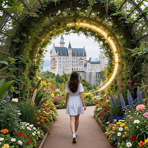 Photograph of a girl in a white dress walking through a vibrant garden archway, leading to a fairy-tale castle with a glowing circular light.