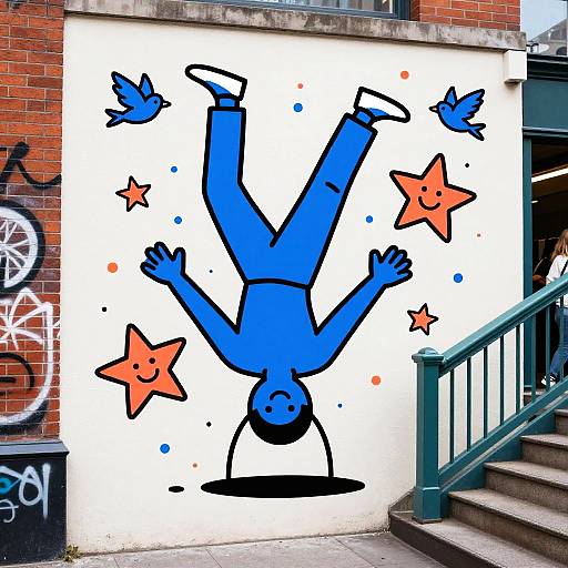 Vibrant mural of a blue, cartoon-style person doing a handstand with orange stars, on a brick building wall. Urban street setting.