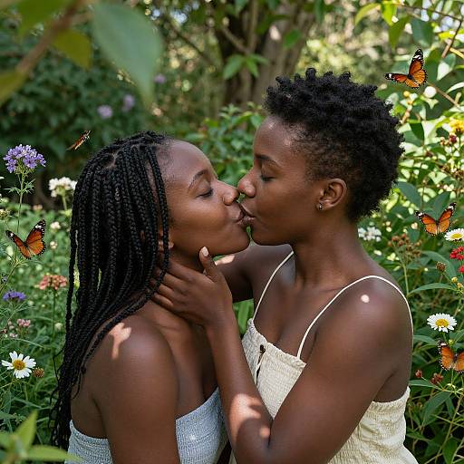 Photograph of two Black women kissing in a lush, sunlit garden with colorful butterflies and wildflowers, wearing white, sleeveless tops.