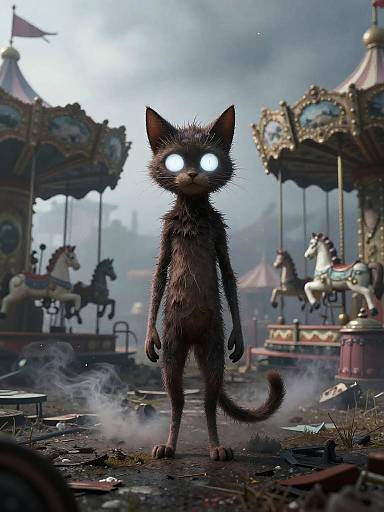 Digital artwork: eerie, glowing-eyed, black-furred cat stands in a ruined, foggy carnival with broken carousels and horses, surrounded by
