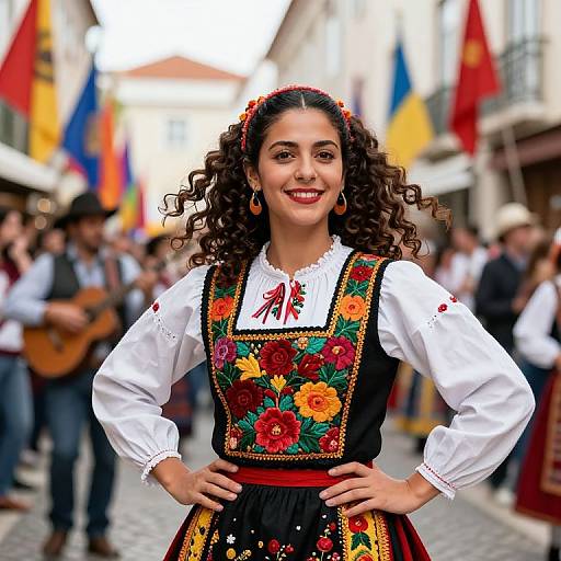 Photograph of a smiling woman with curly hair, wearing a traditional Spanish flamenco dress with colorful floral embroidery, standing confidently in a bustling street festival with