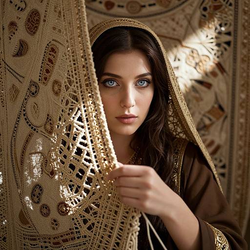 Photograph-like digital artwork of a young woman with striking blue eyes, dark brown hair, and fair skin, holding a detailed, ornate golden lace